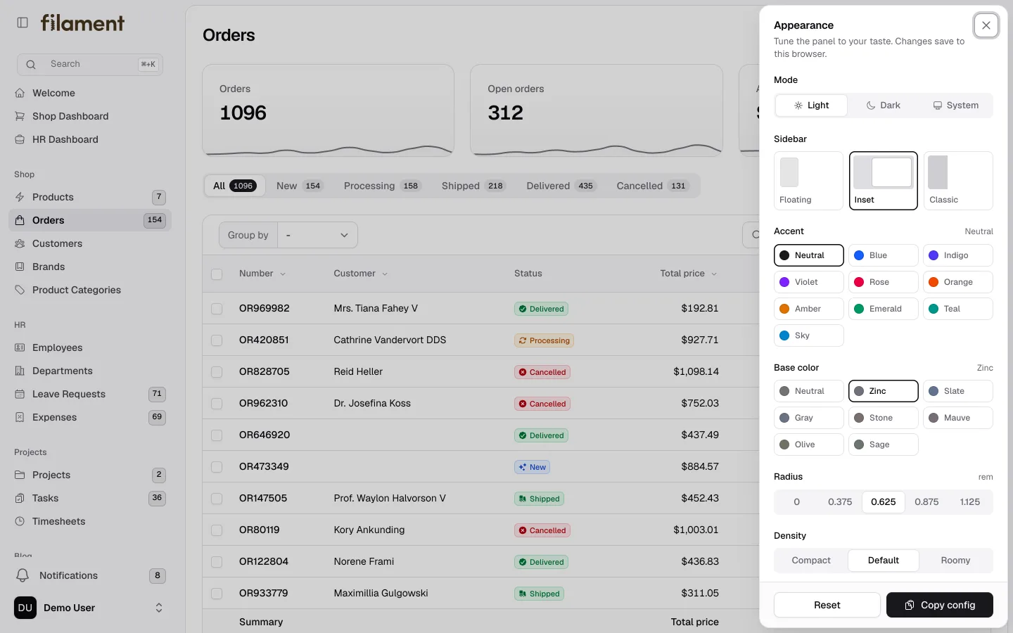 Monolith appearance customizer open over an orders table