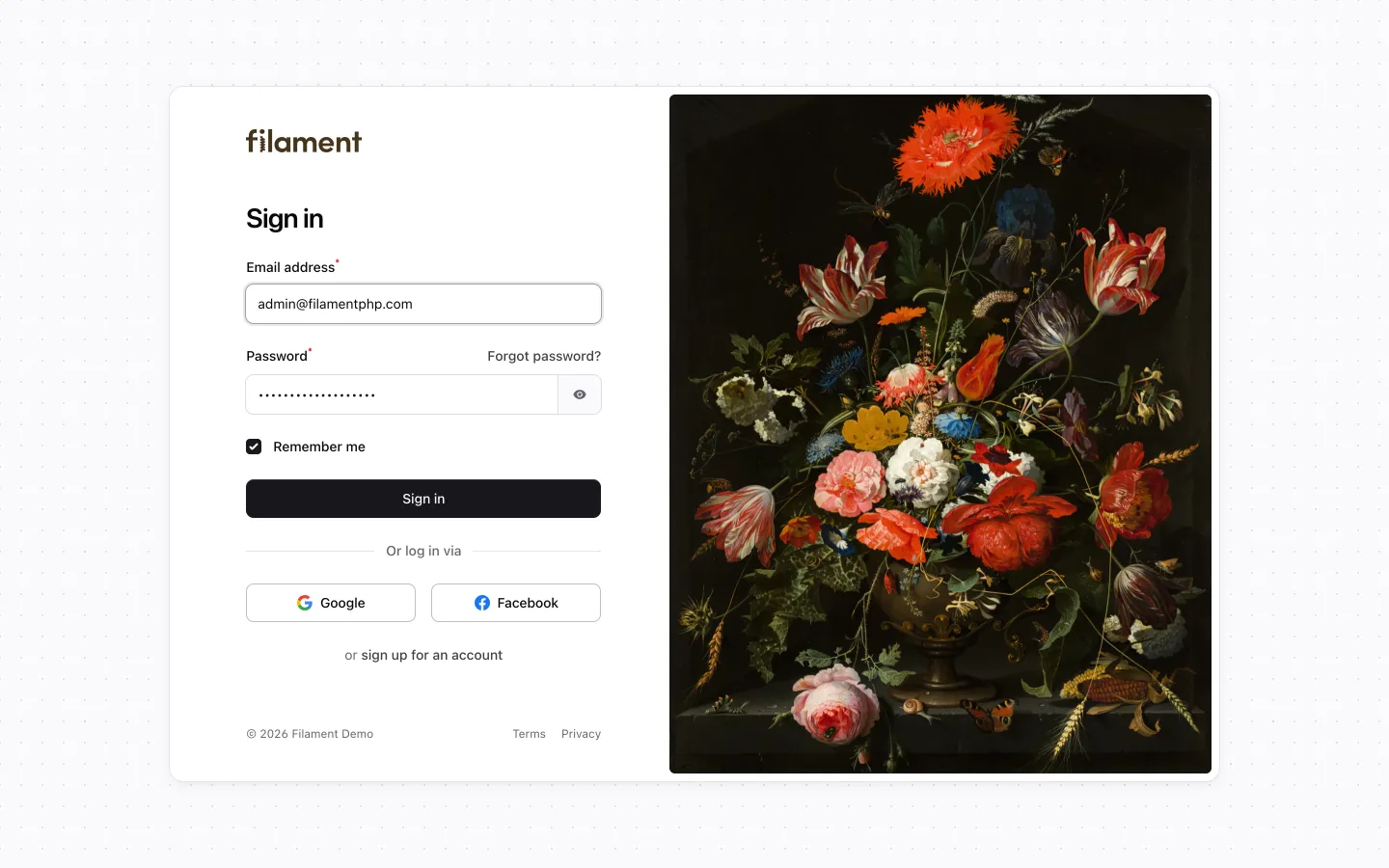 Split sign-in page with a floral still life beside the login form